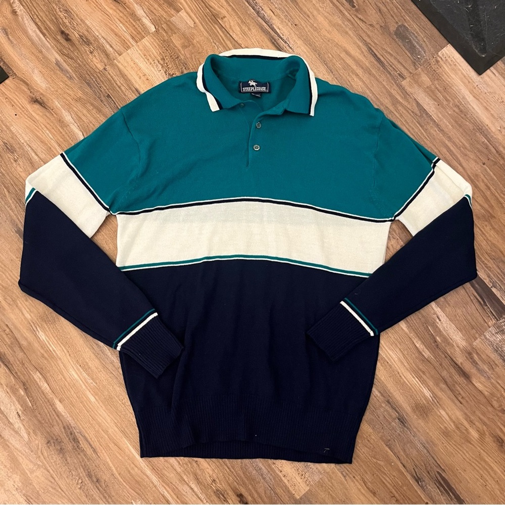 Mens vintage 80s steeplechase color block striped knit rugby shirt sz S blue